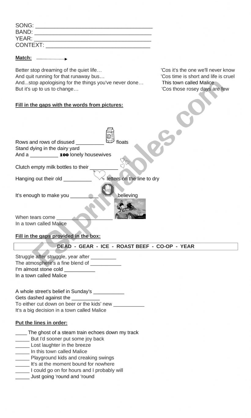 Town called Malice worksheet