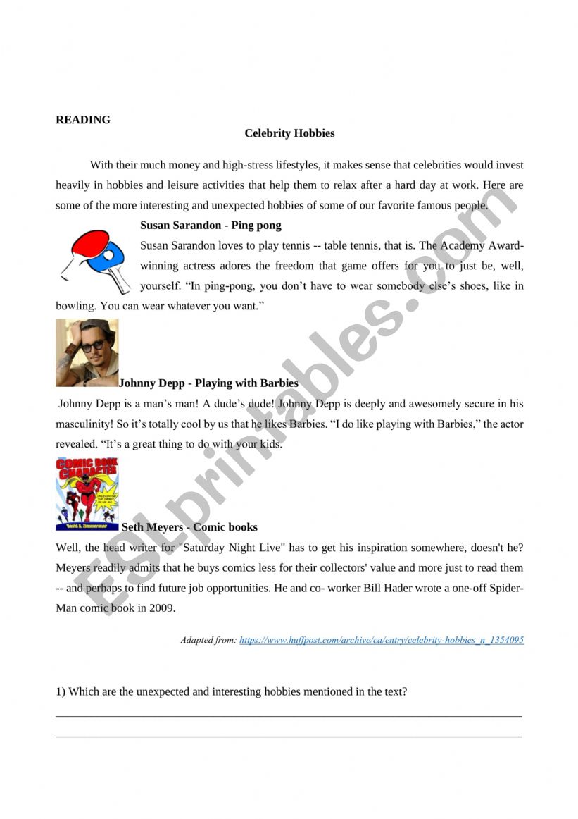 Celebrity Hobbies worksheet