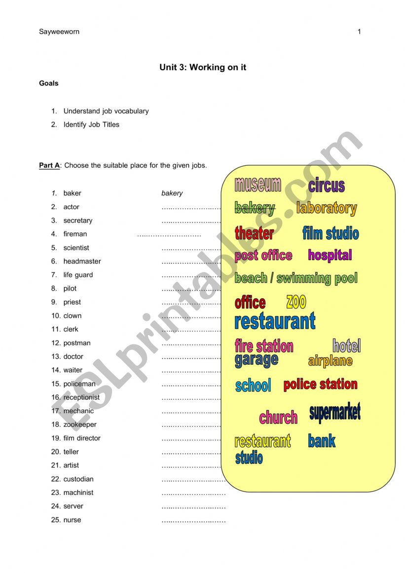 Job and Work worksheet