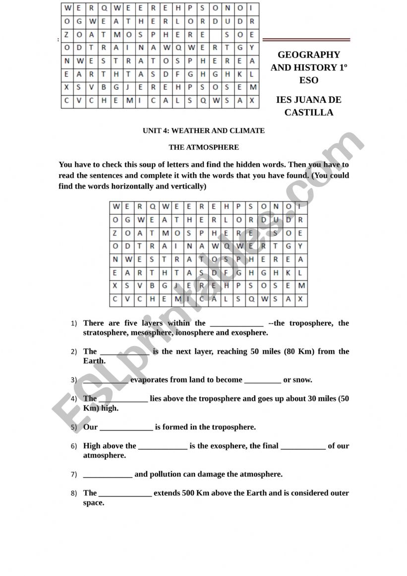 Atmosphere worksheet