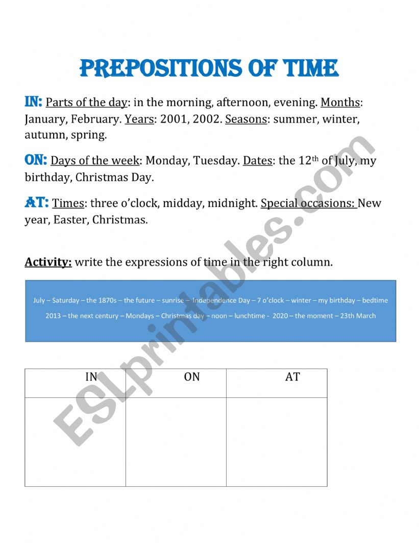 prepositions of time worksheet