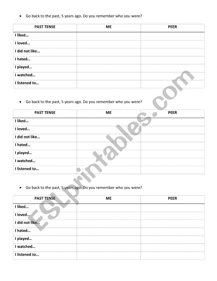 Past Tense,memories worksheet