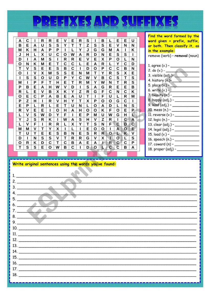 Prefixes and Suffixes Wordsearch (with answers)