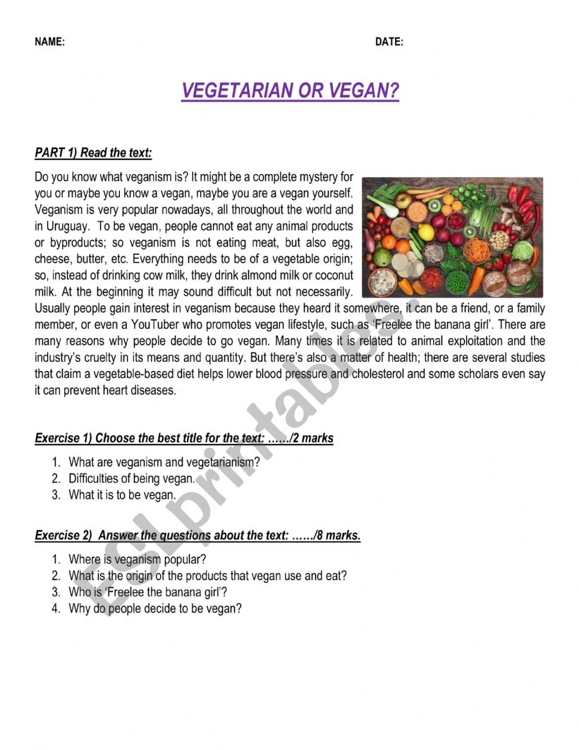 Vegetarian or vegan? worksheet