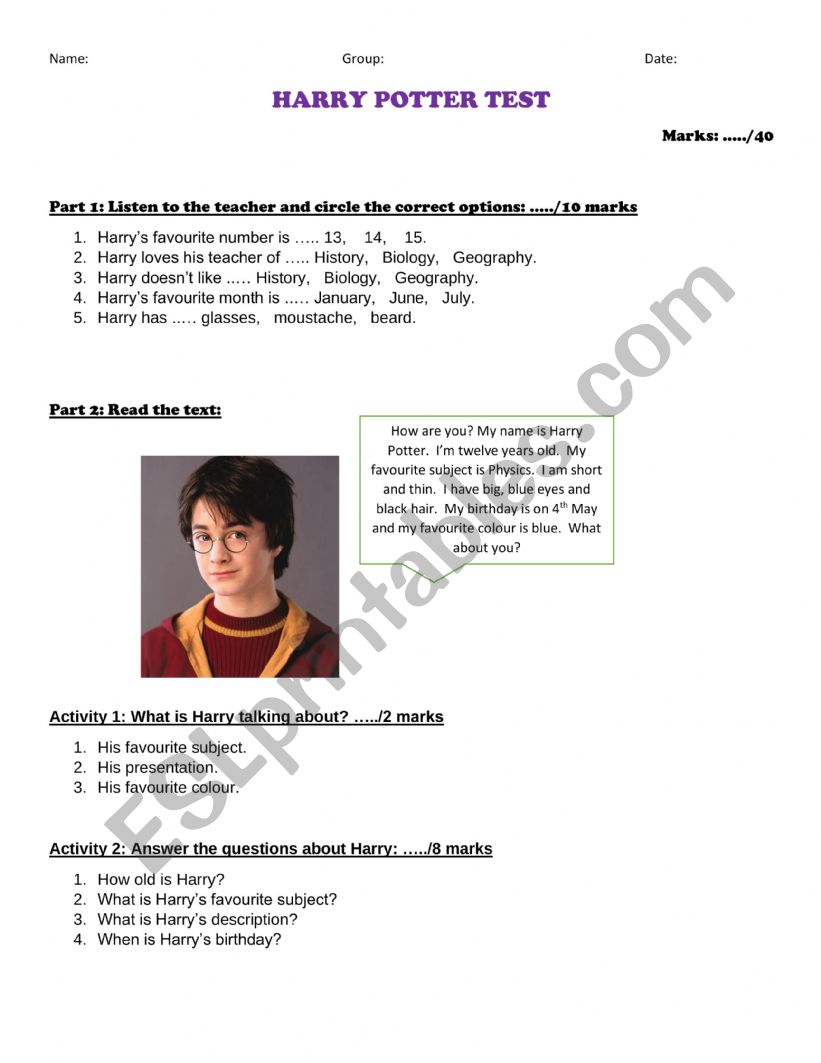 Harry Potter worksheet