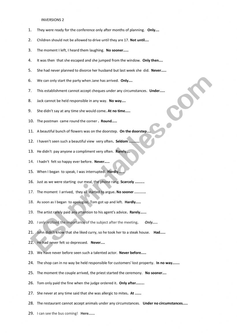 REPHRASING WITH INVERSIONS worksheet