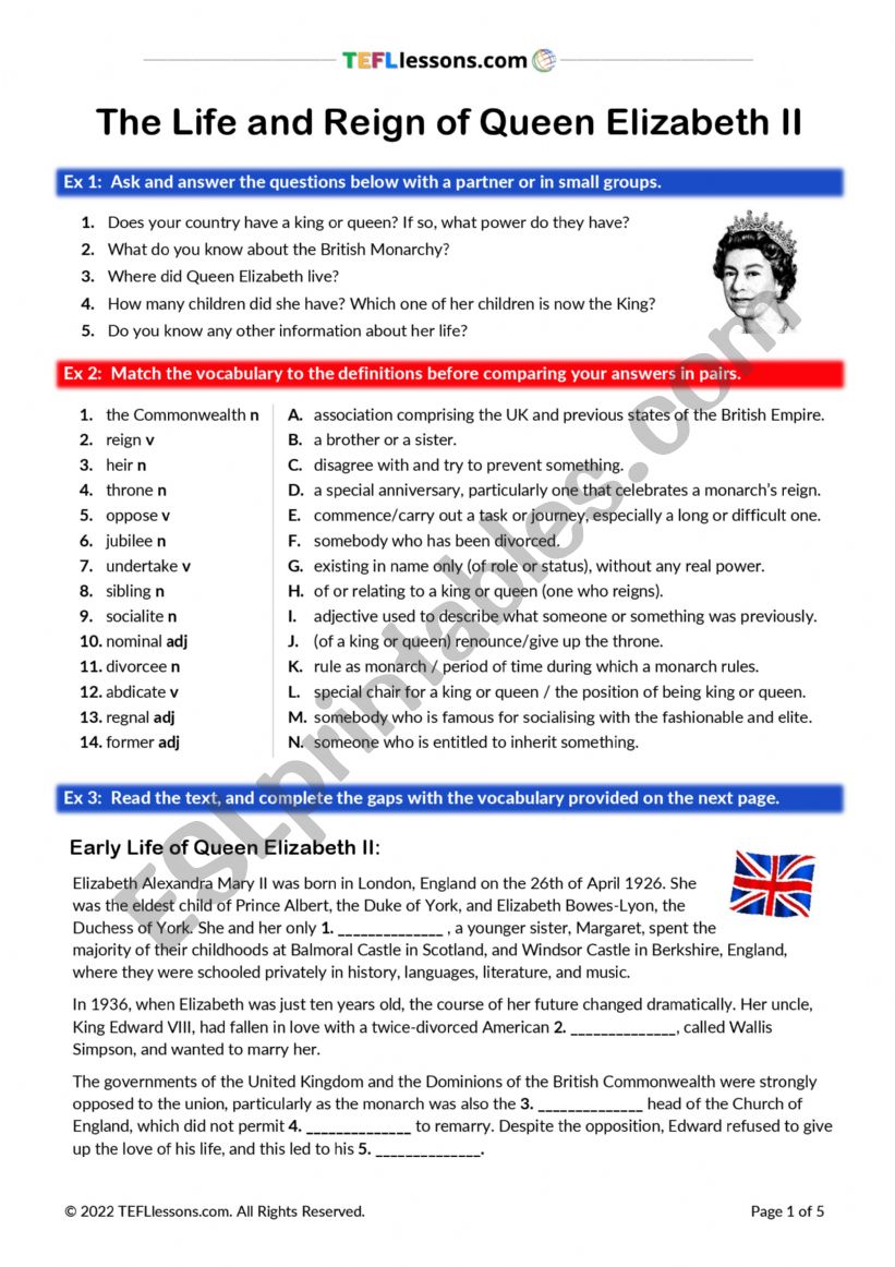 Queen Elizabeth II Biography worksheet
