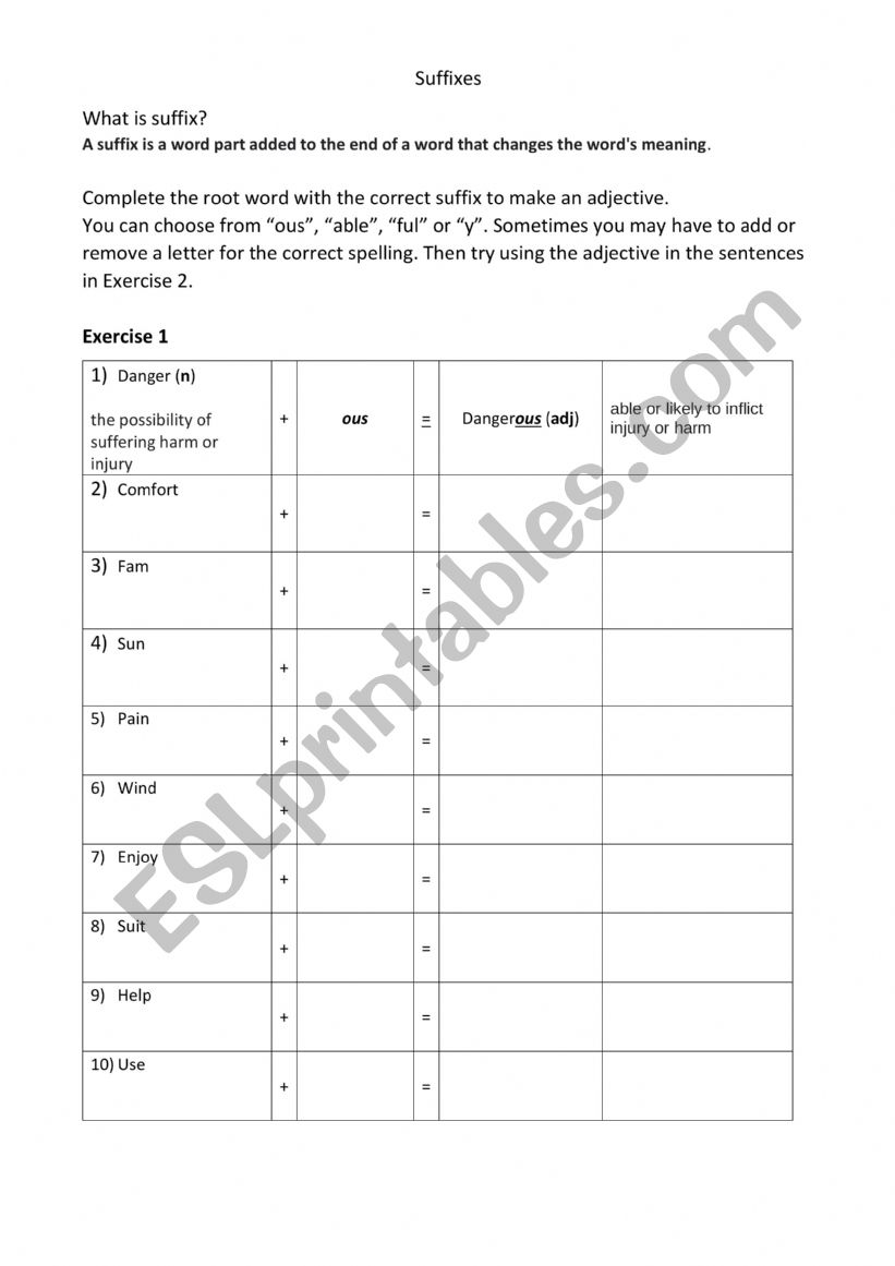 Suffixes worksheet