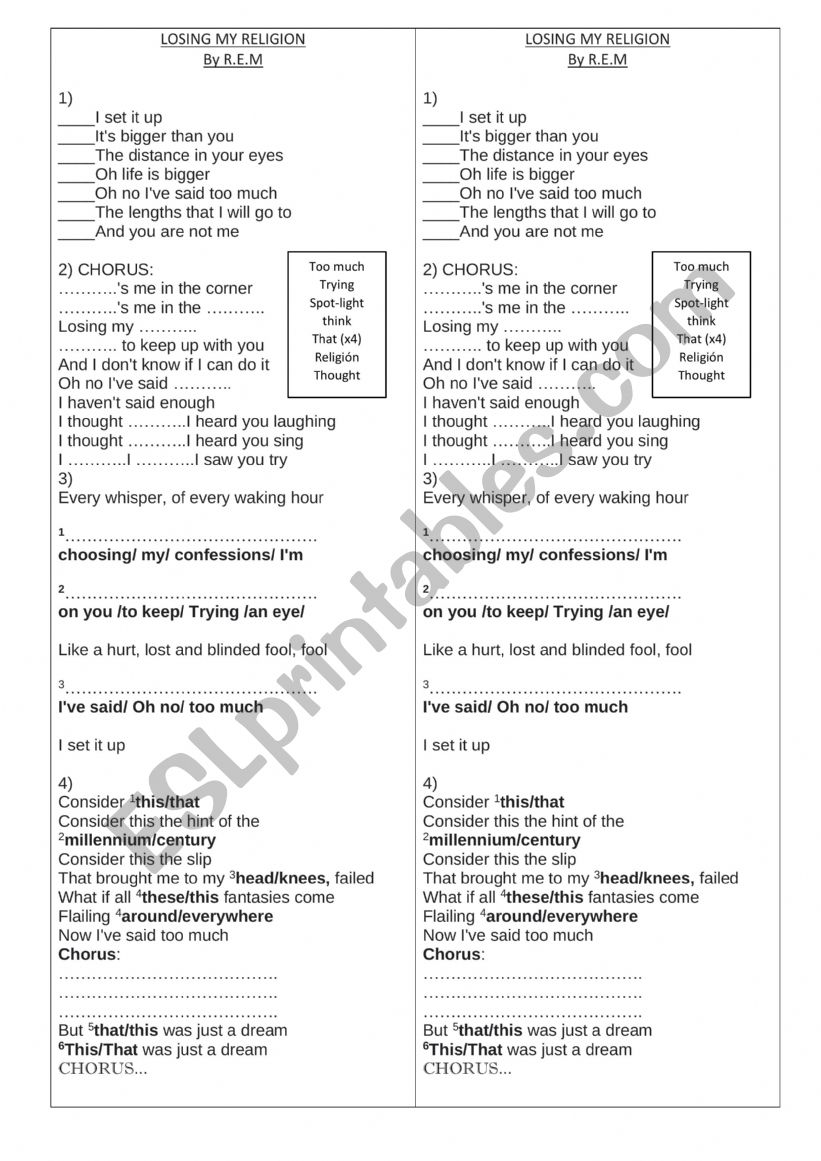 Losing my religion  worksheet