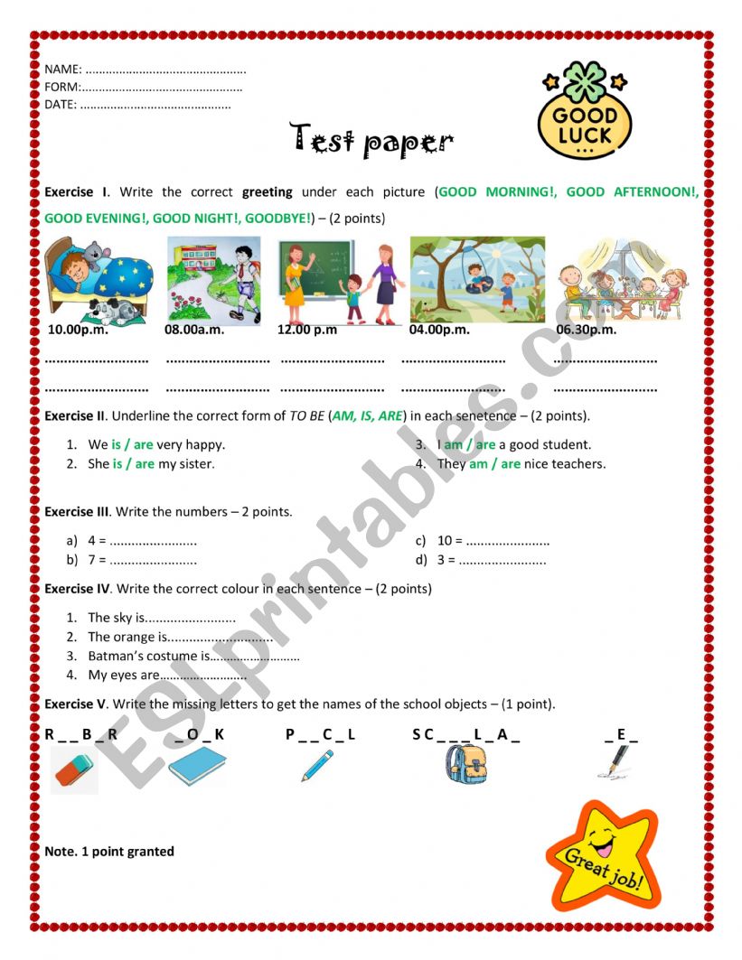 TEST PAPER - 3RD GRADE worksheet