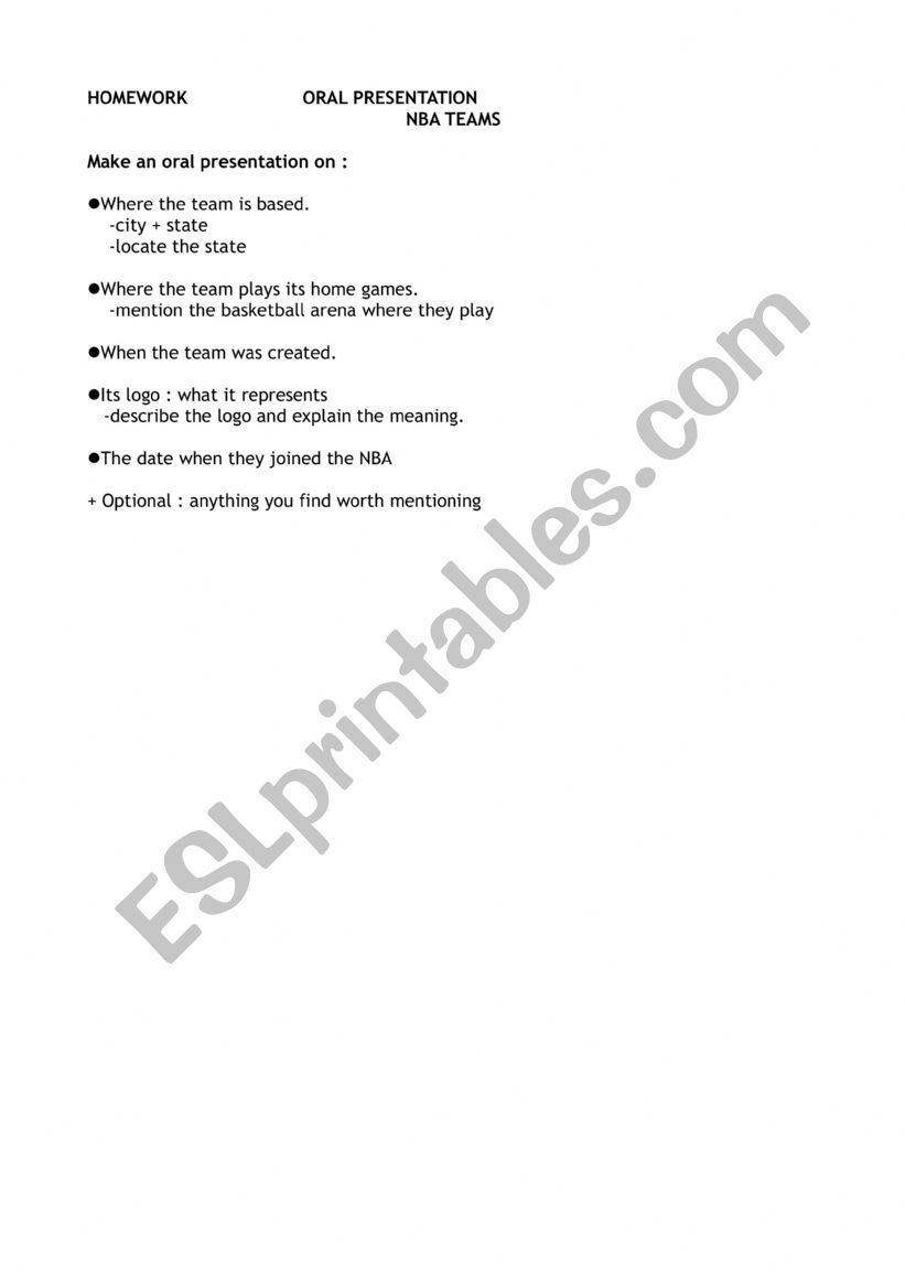 NBA ORAL PRESENTATION worksheet