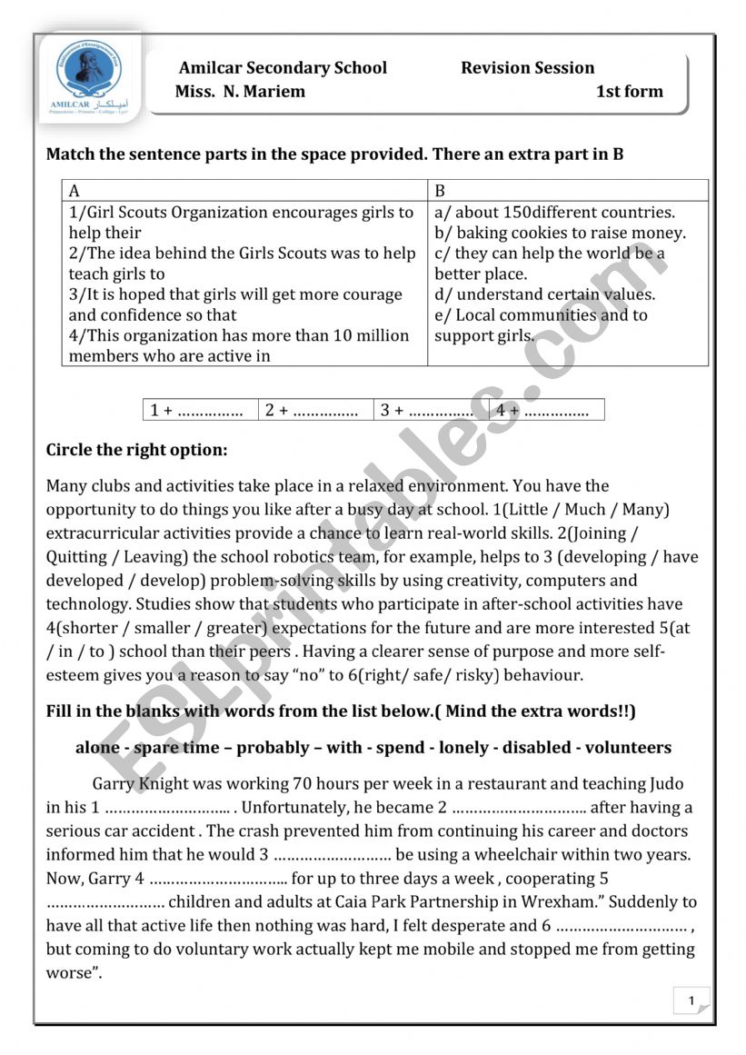 1 st year review session worksheet