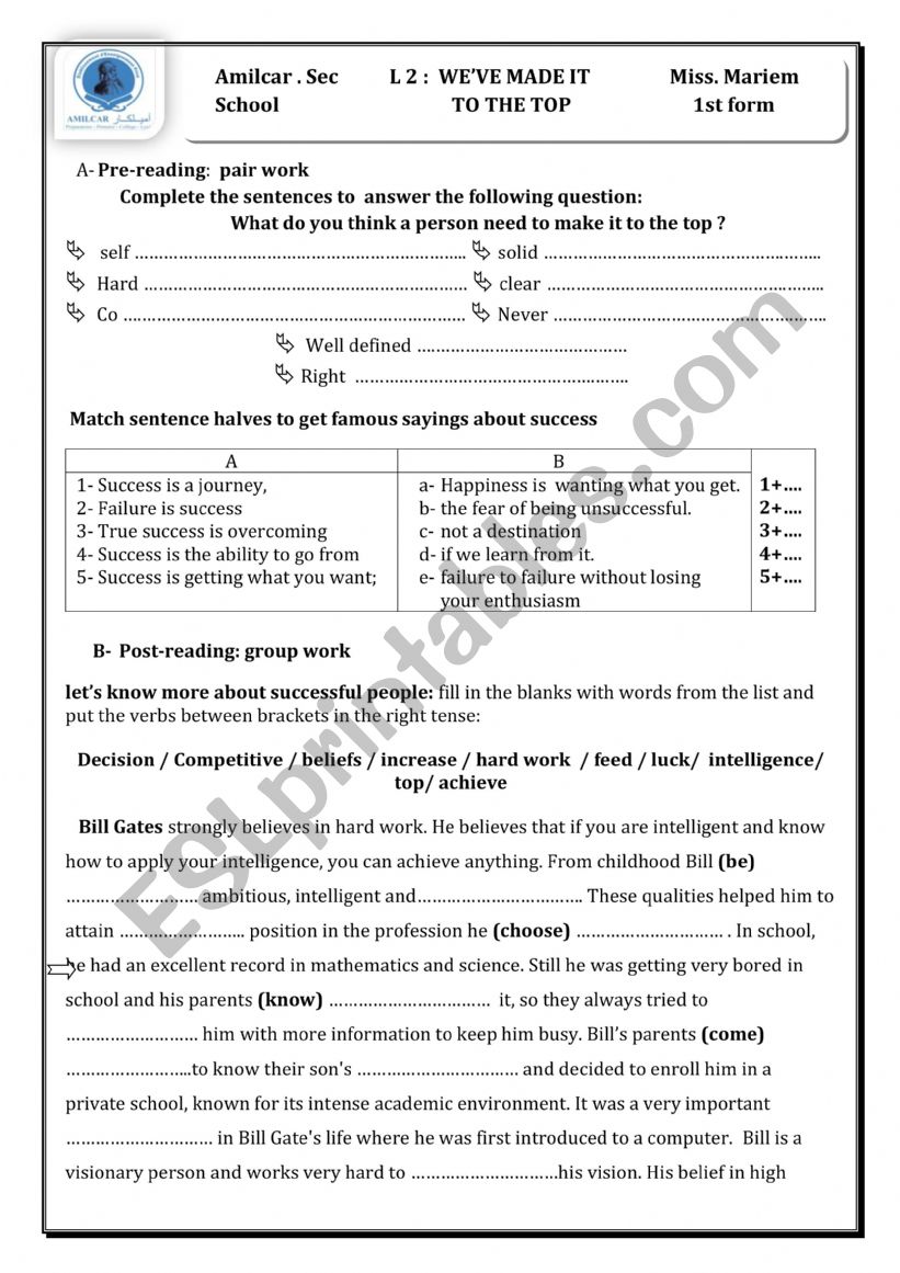 1st year Lesson 2 worksheet