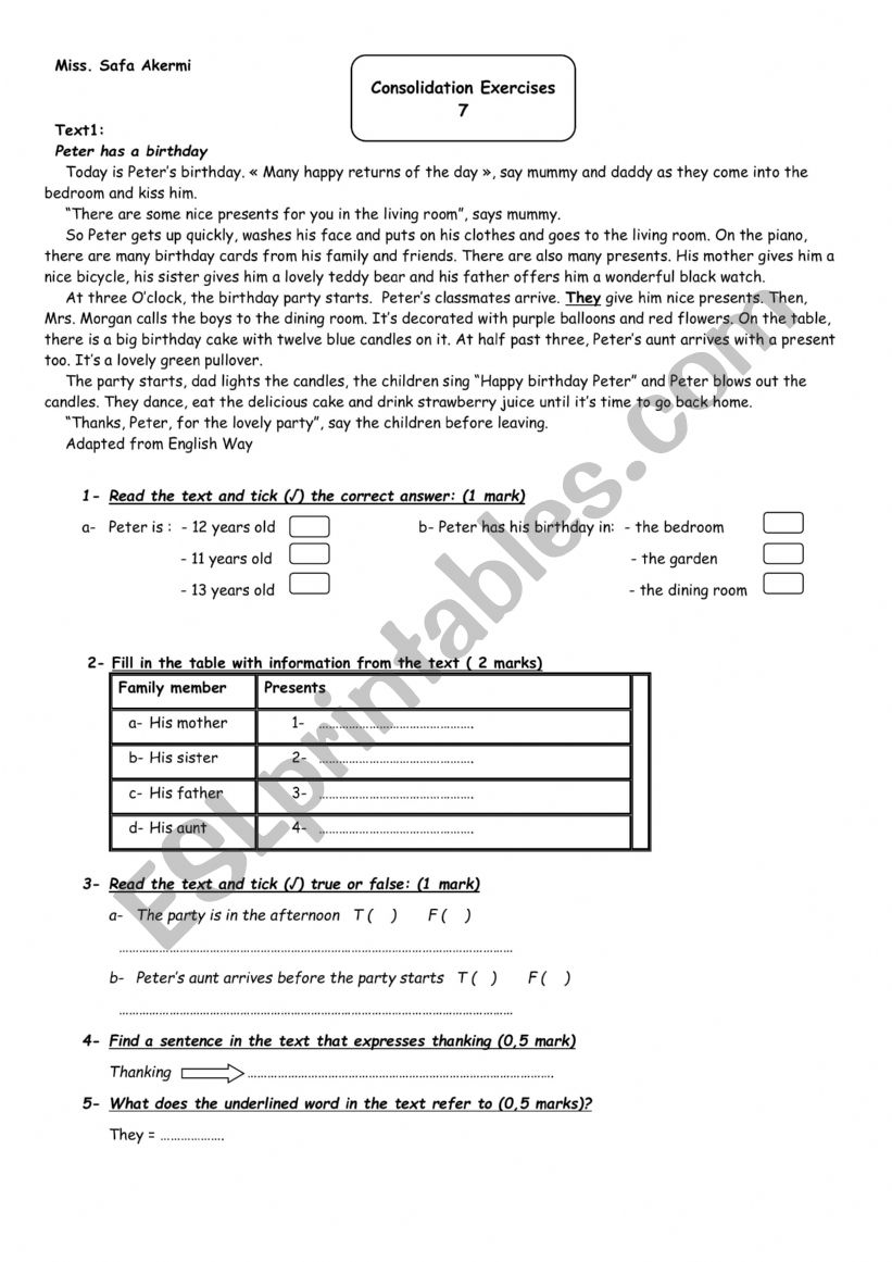 Reading exercises 7th form worksheet