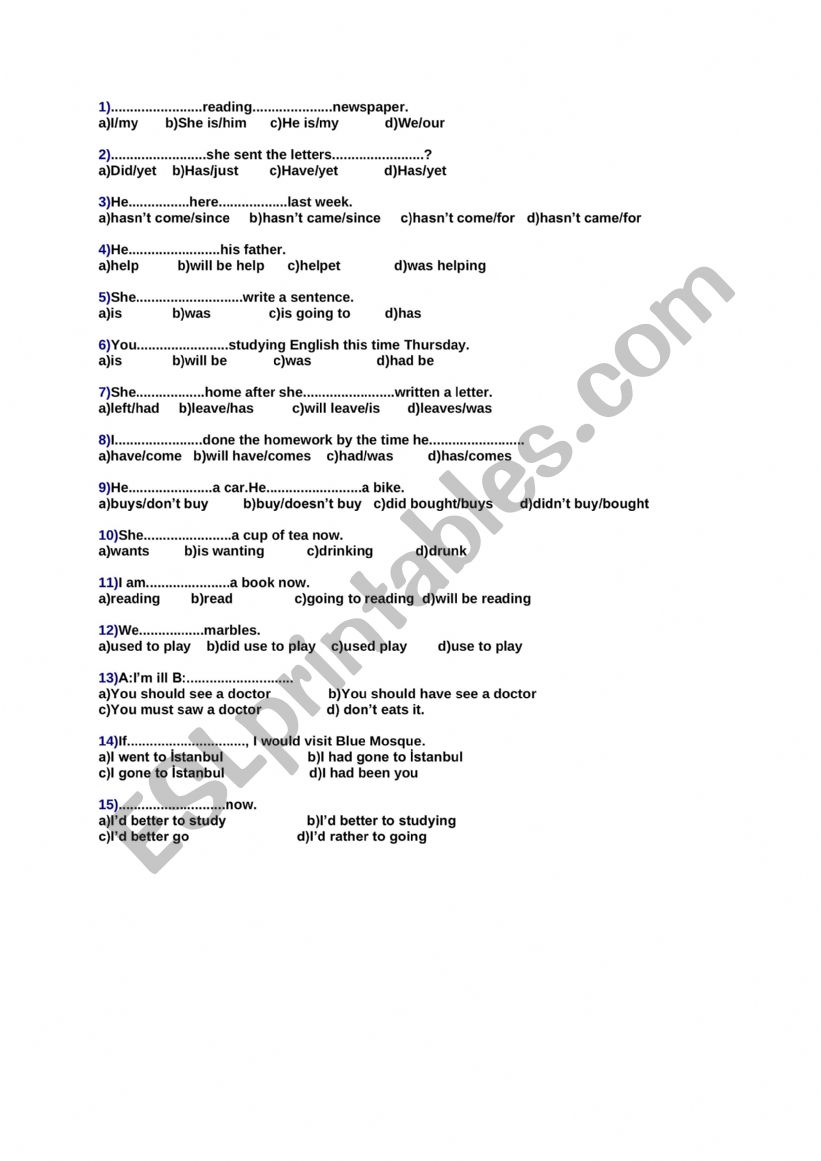 Placement test worksheet