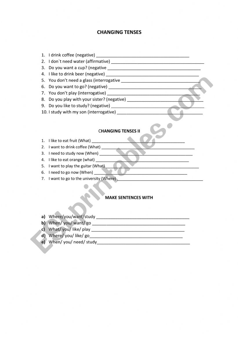 Change tenses worksheet