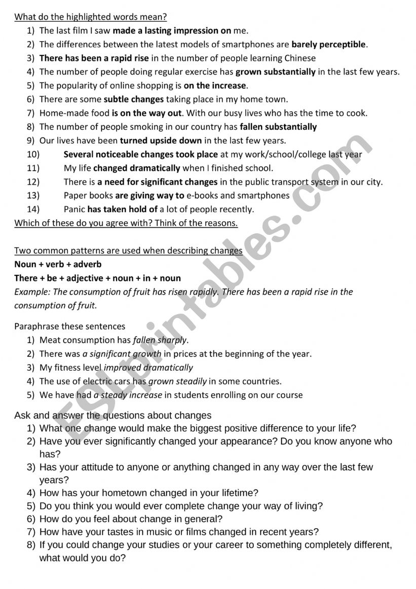 How to speak about changes worksheet