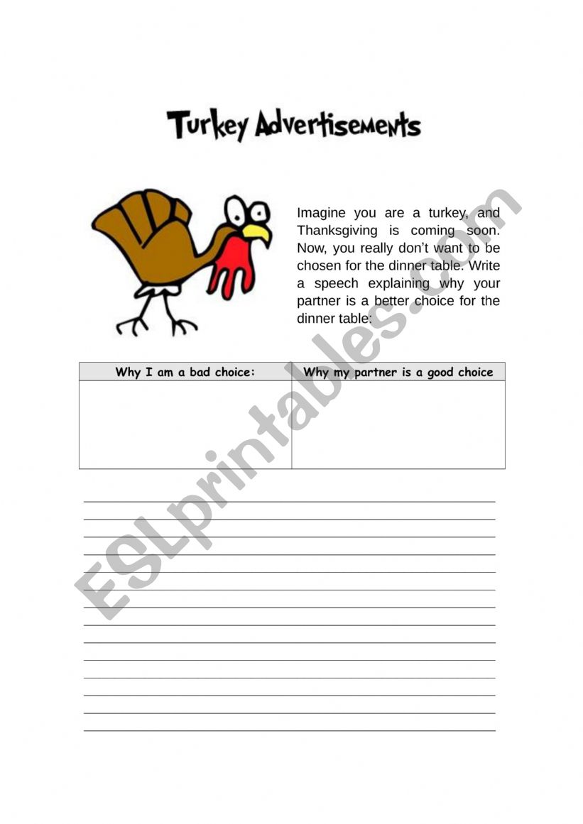Turkey writing worksheet