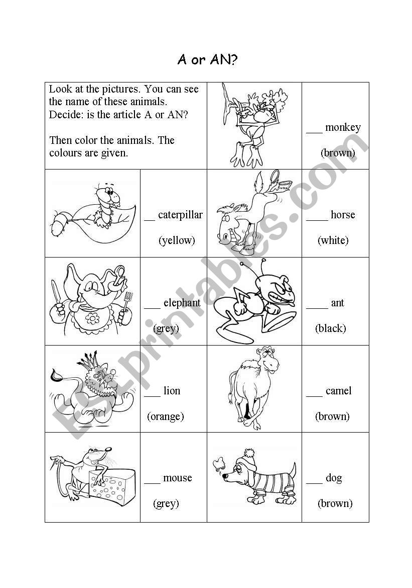 A or AN? + Colours worksheet