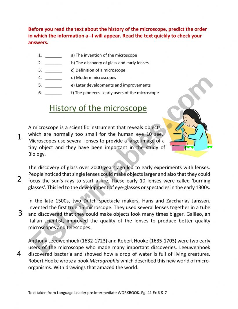 History of the microscope  worksheet