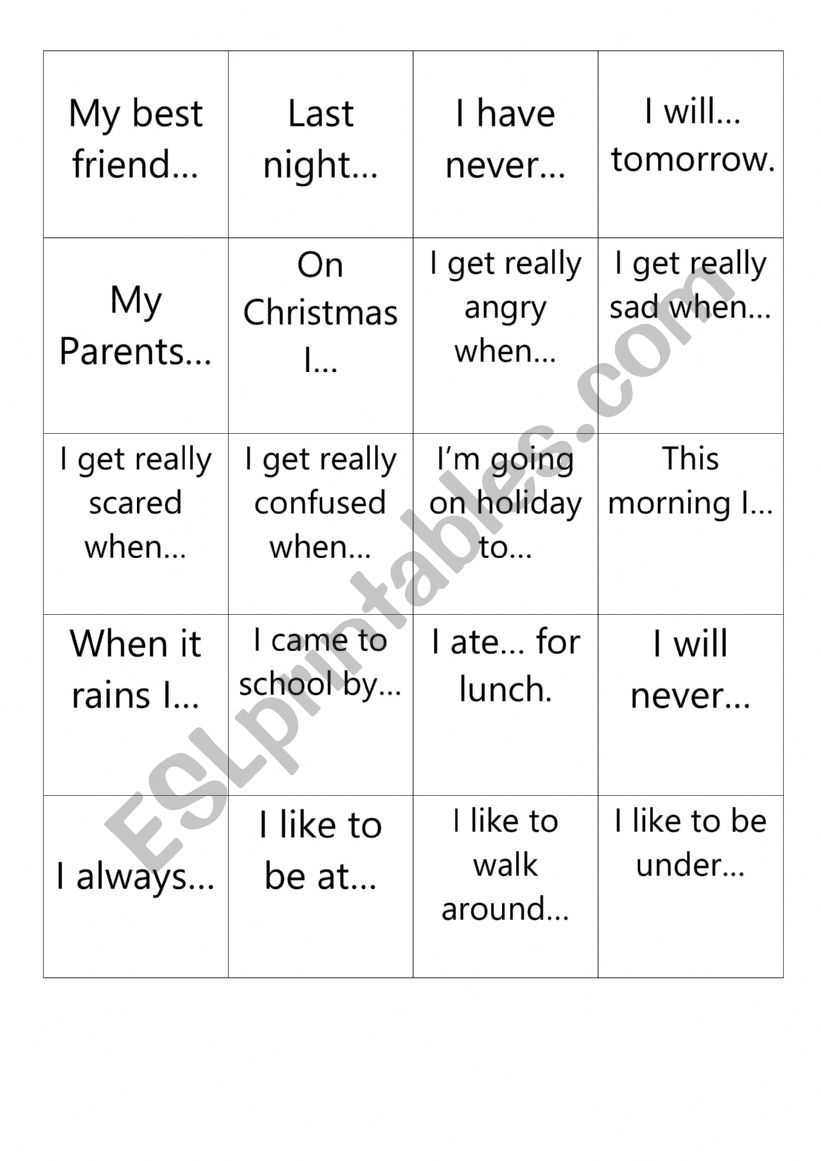 Finish The Sentence Cards worksheet