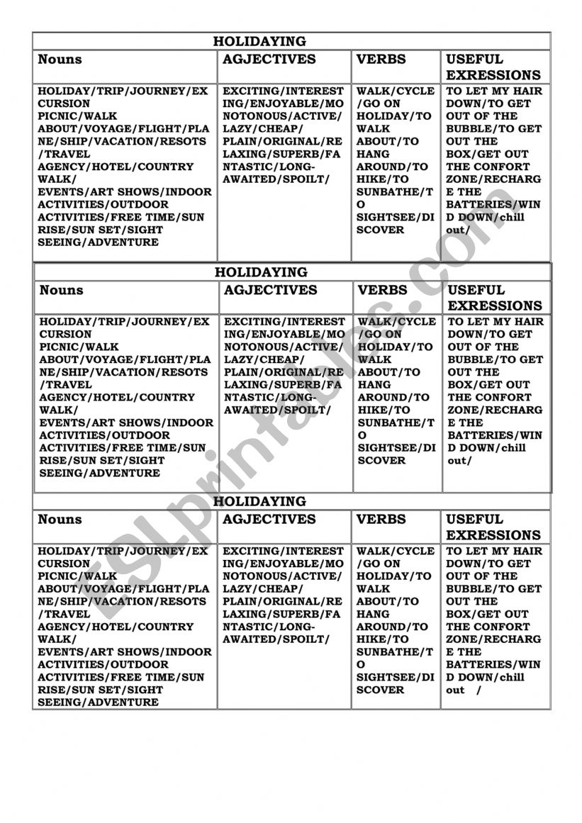 holidaying-related words worksheet