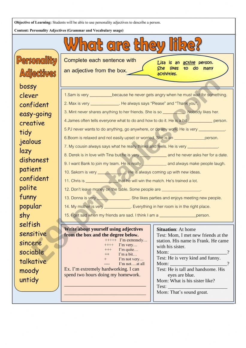 Personality Adjectives worksheet