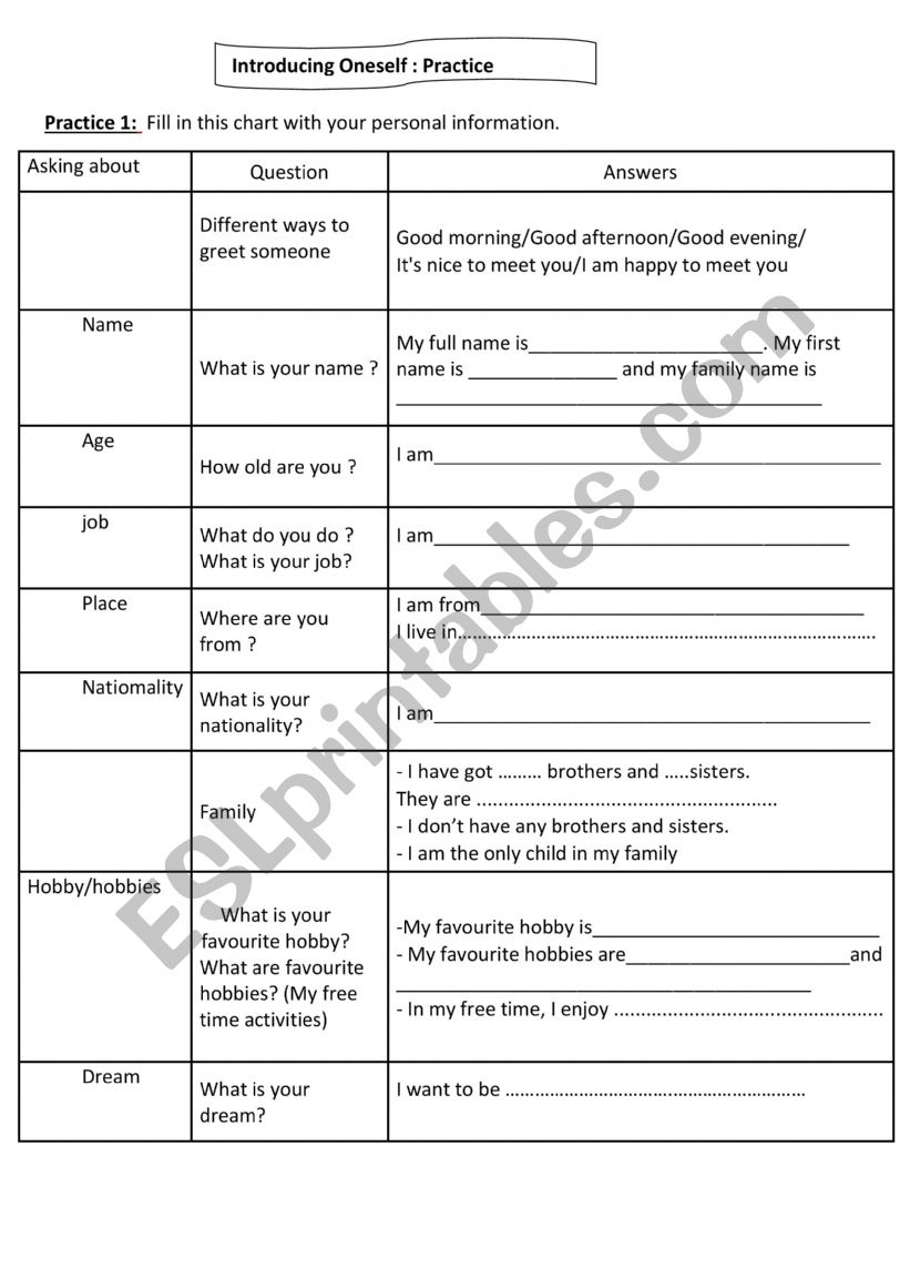 introducing oneself worksheet