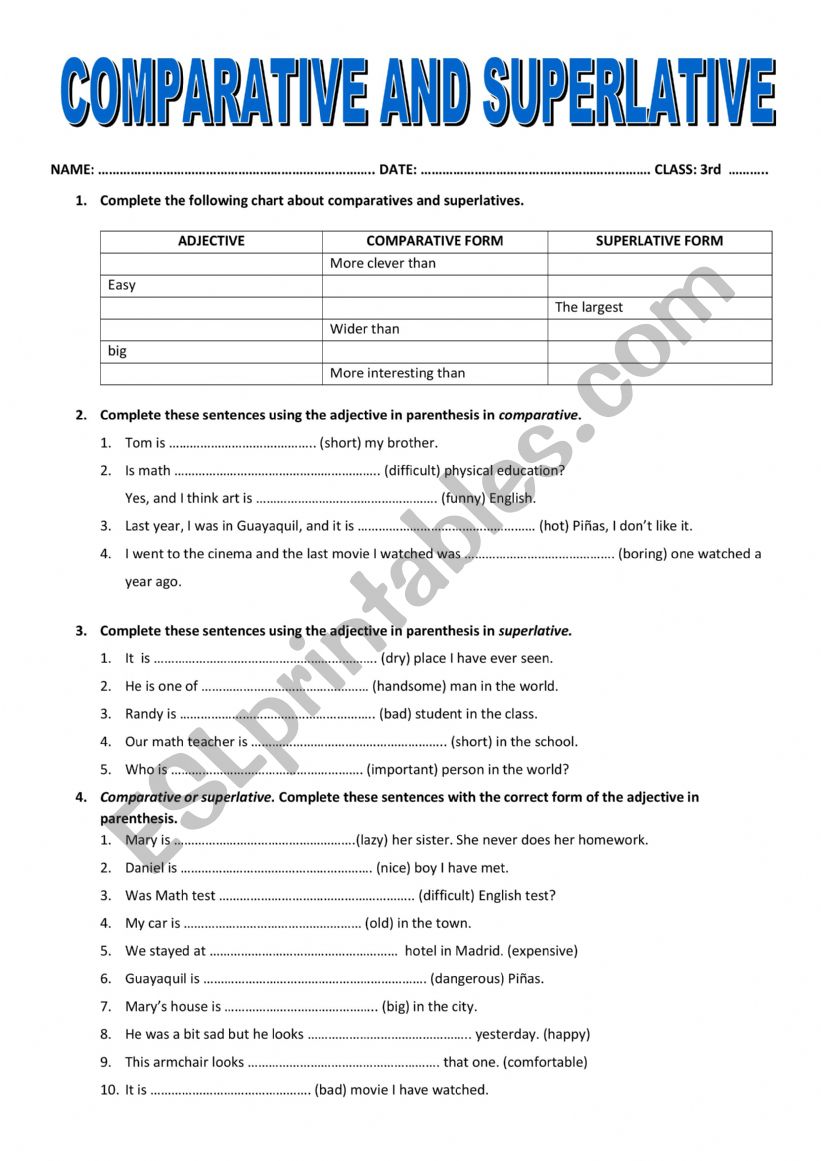 comparatives and superlatives worksheet