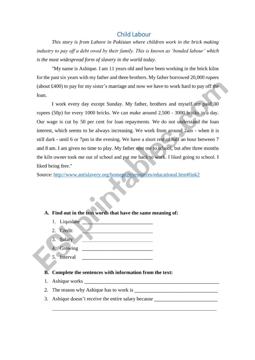 Child labour worksheet