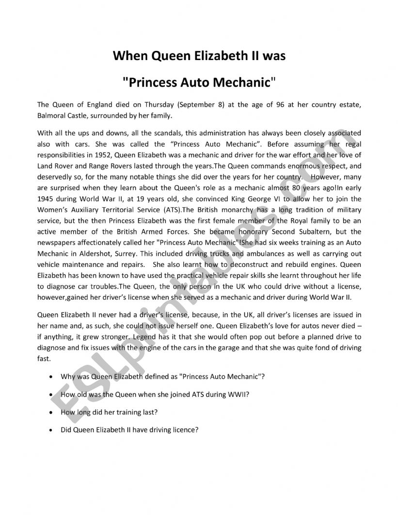 Princess Auto Mechanic worksheet