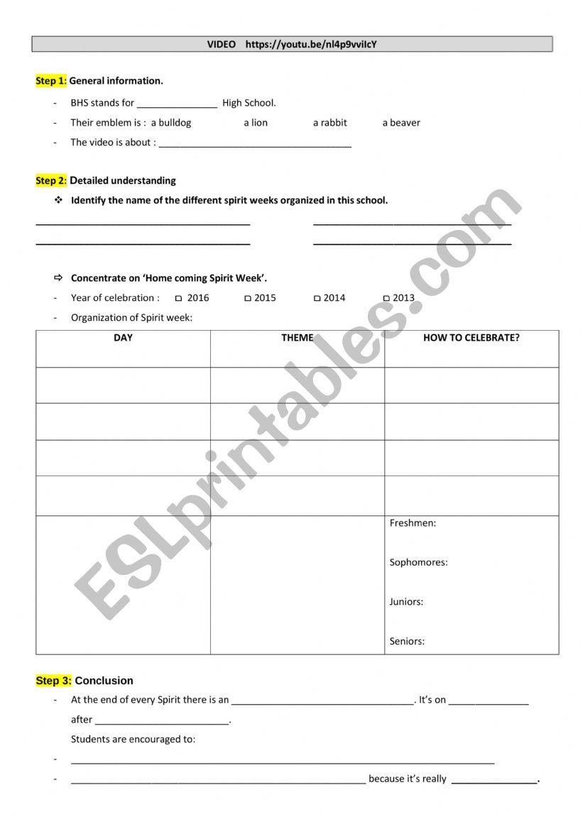 Spirit week worksheet