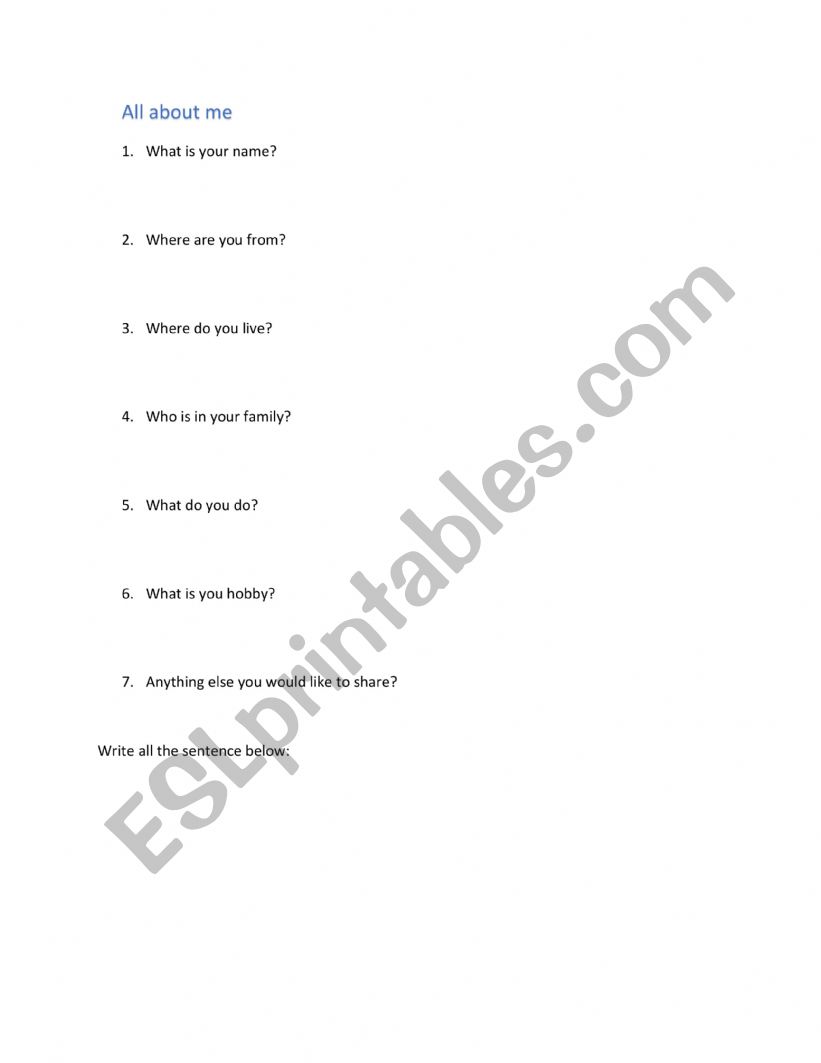 Writing about myself worksheet