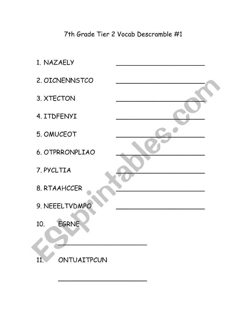 7th Grade Tier 2 Vocab worksheet