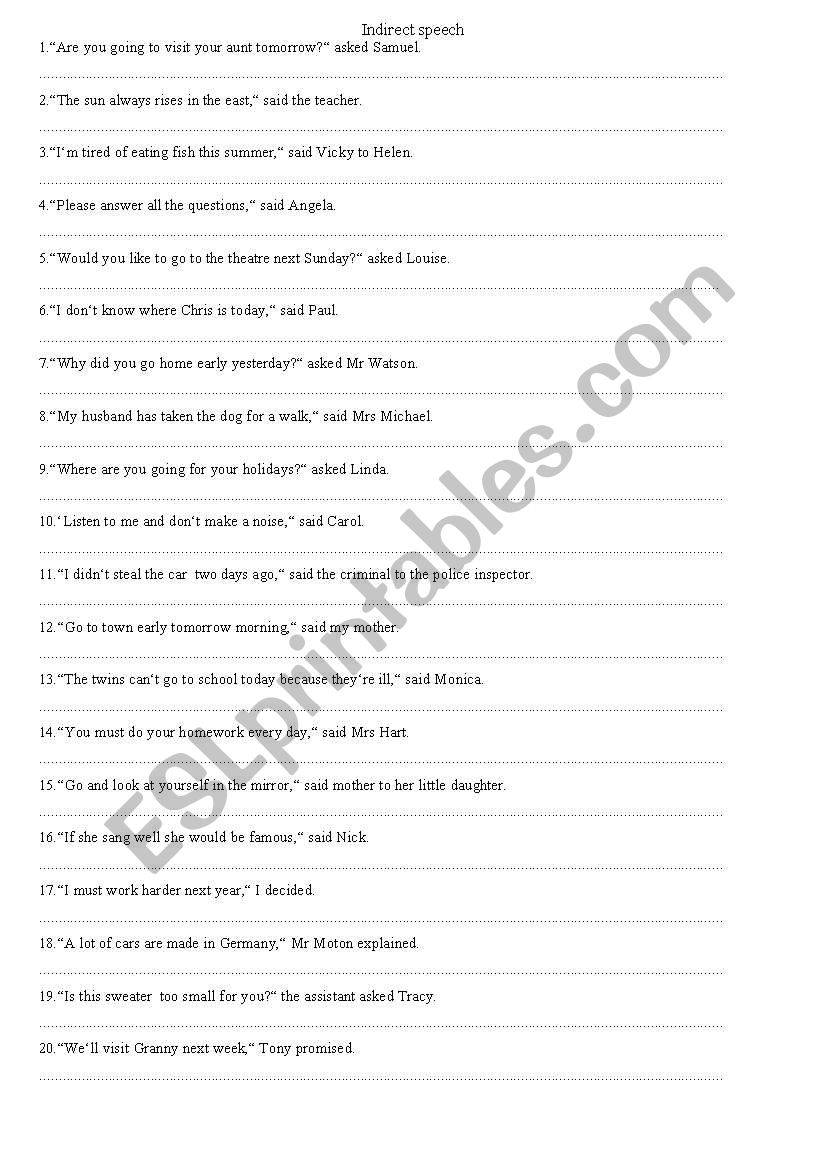 indirect speech worksheet