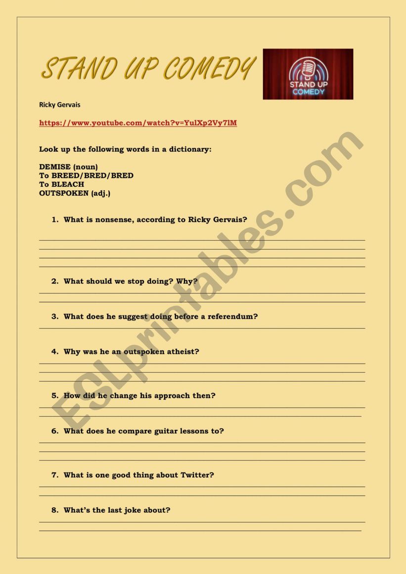 Stand Up Comedy-Ricky Gervais worksheet