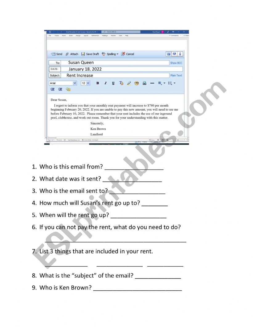 Reading emails worksheet
