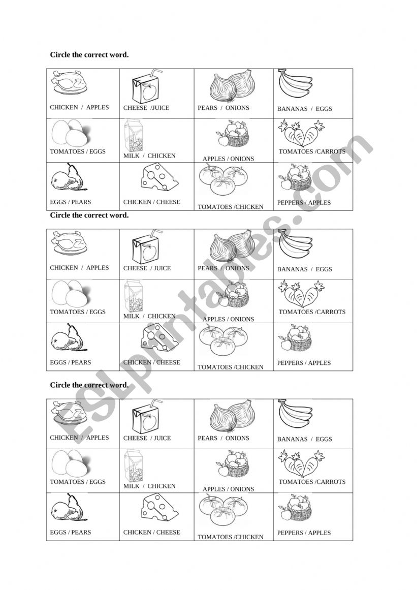 Food items - read and circle worksheet