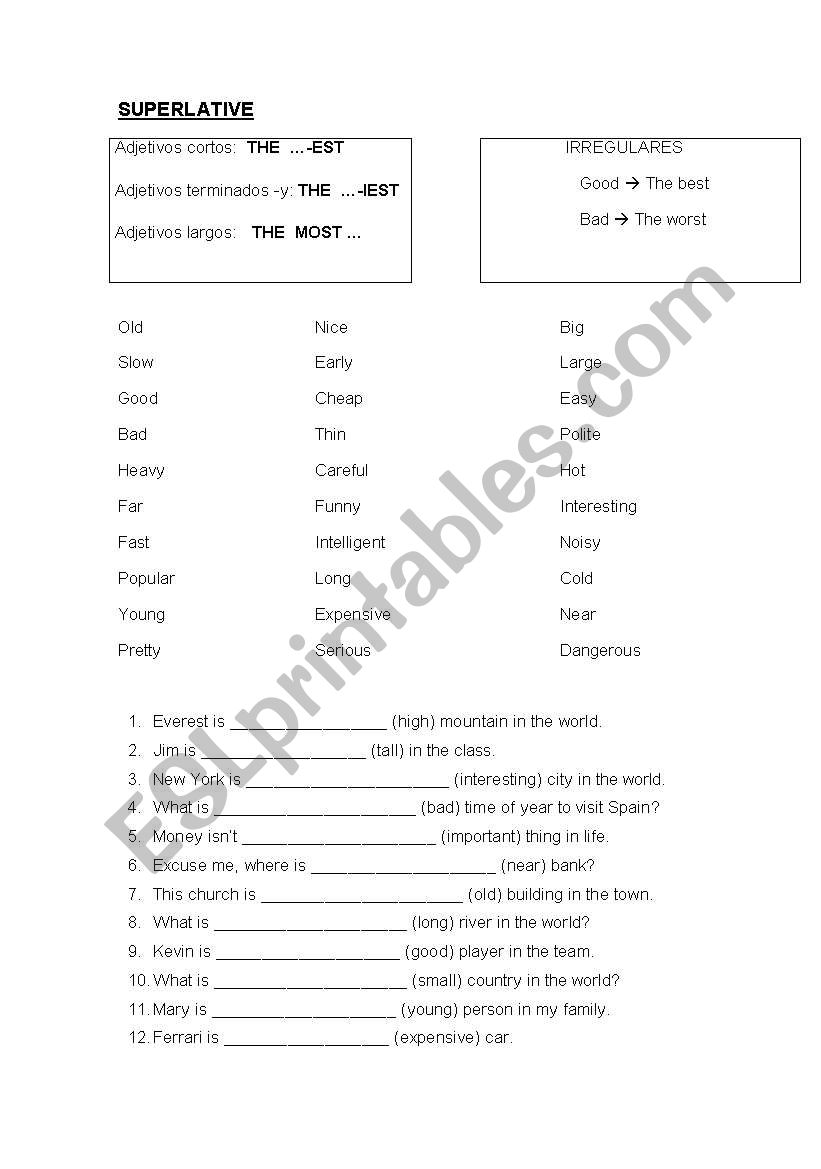 Superlative worksheet