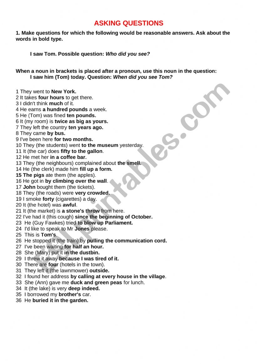 Asking questions worksheet