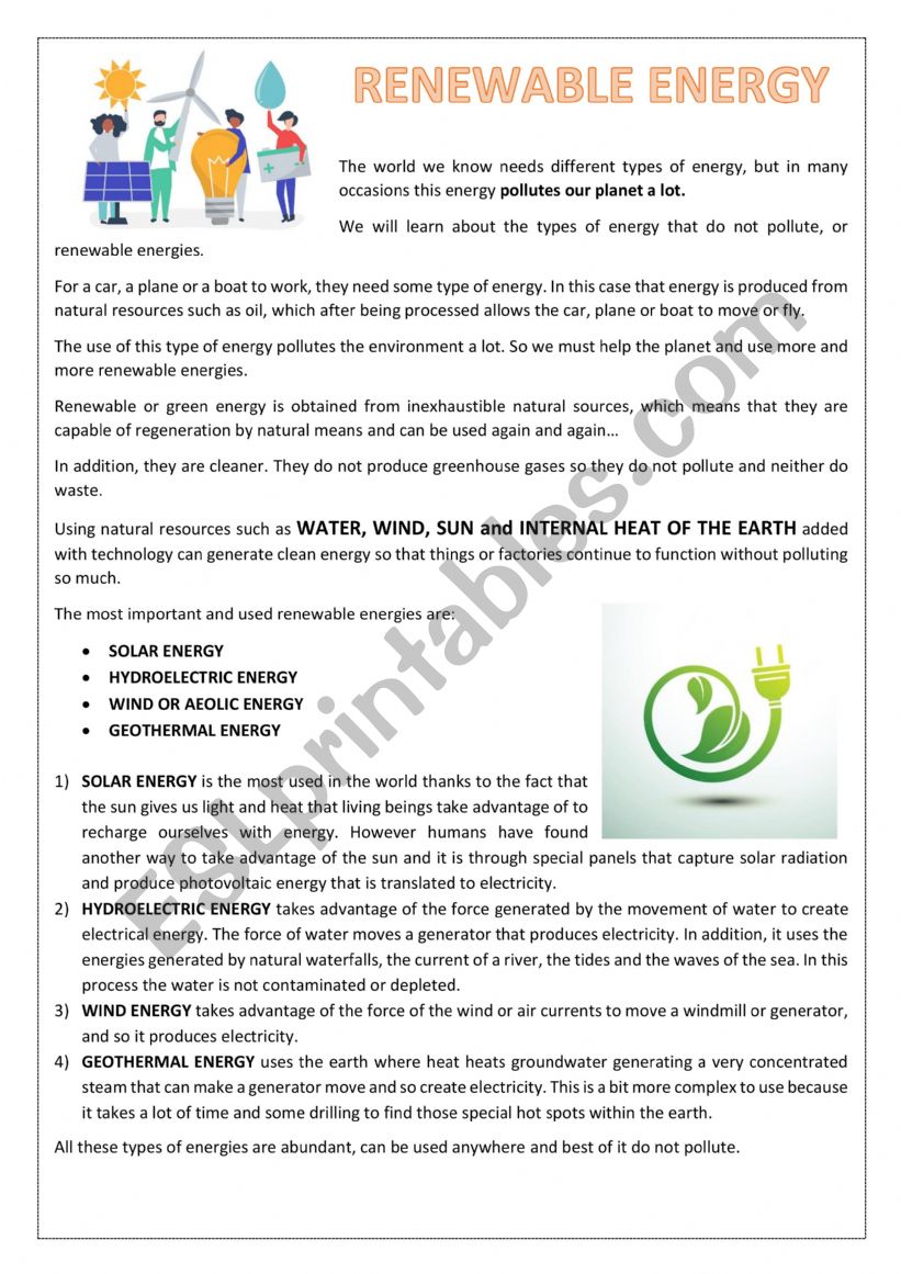 RENEWABLE ENERGY worksheet