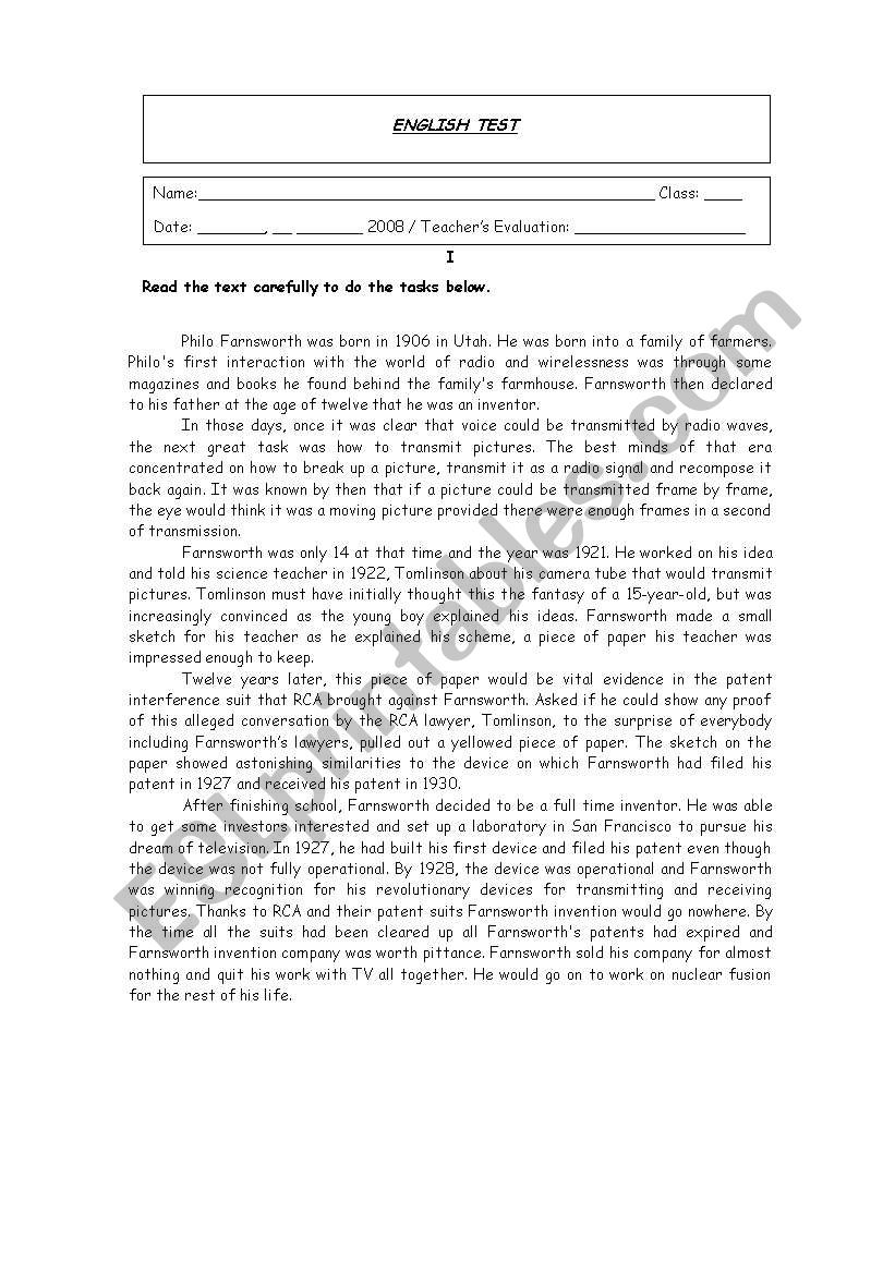 English Test 10thgrade worksheet