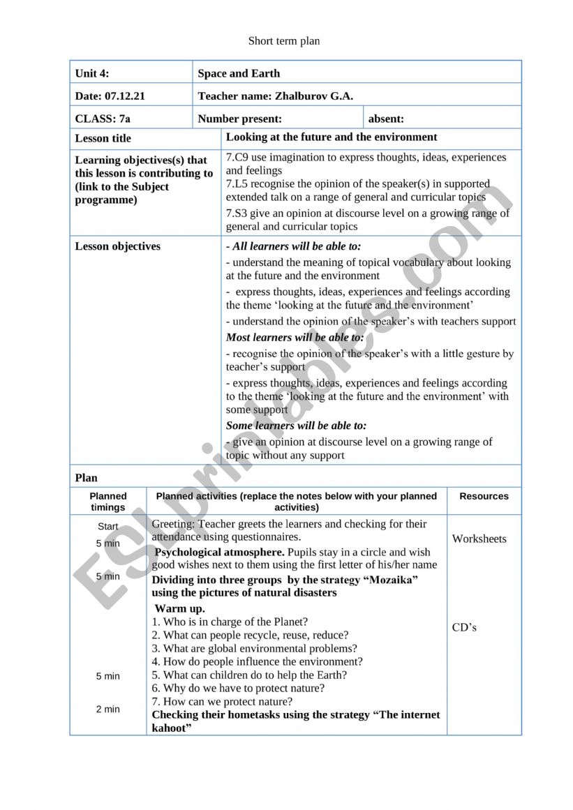 Use of methods worksheet