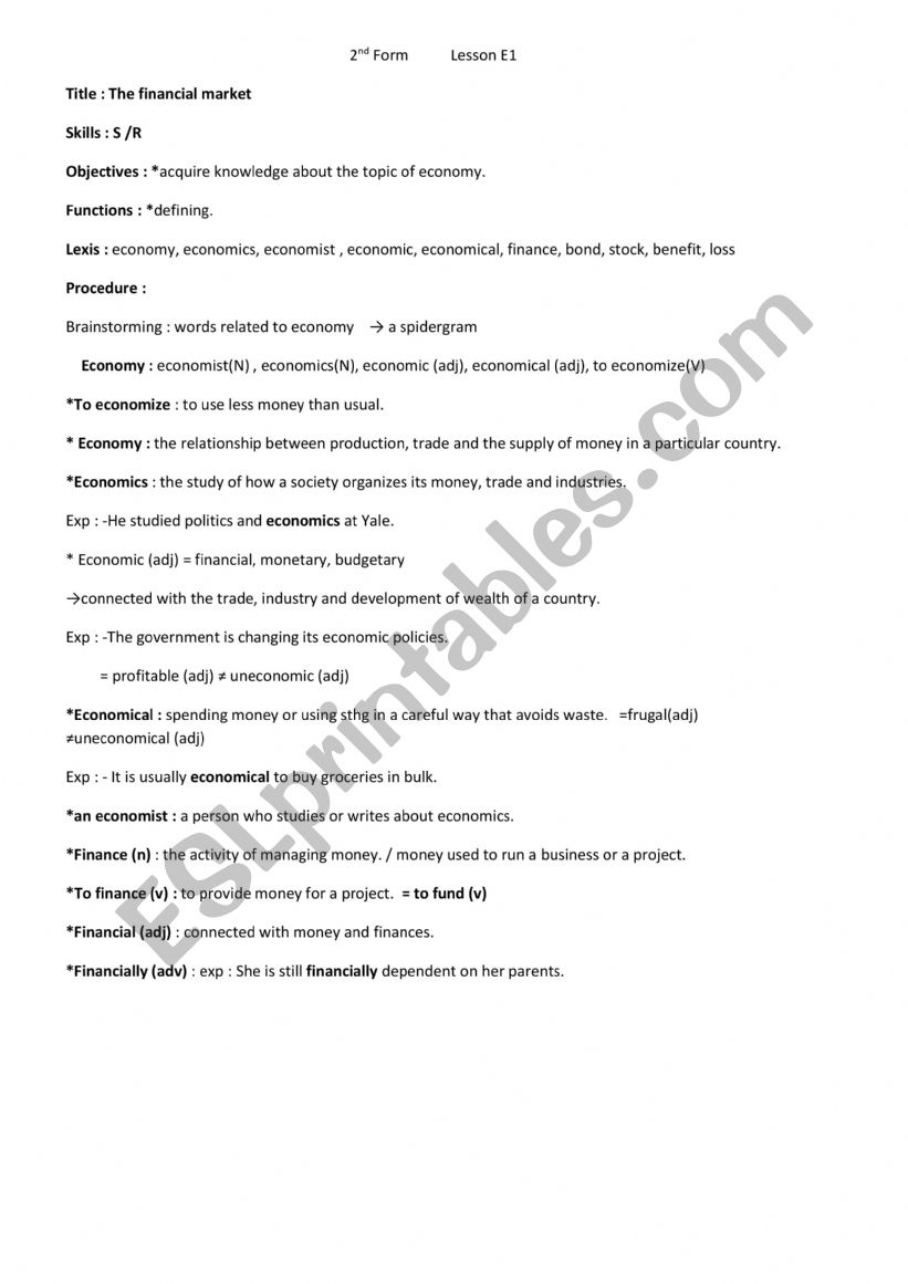 Financial market worksheet
