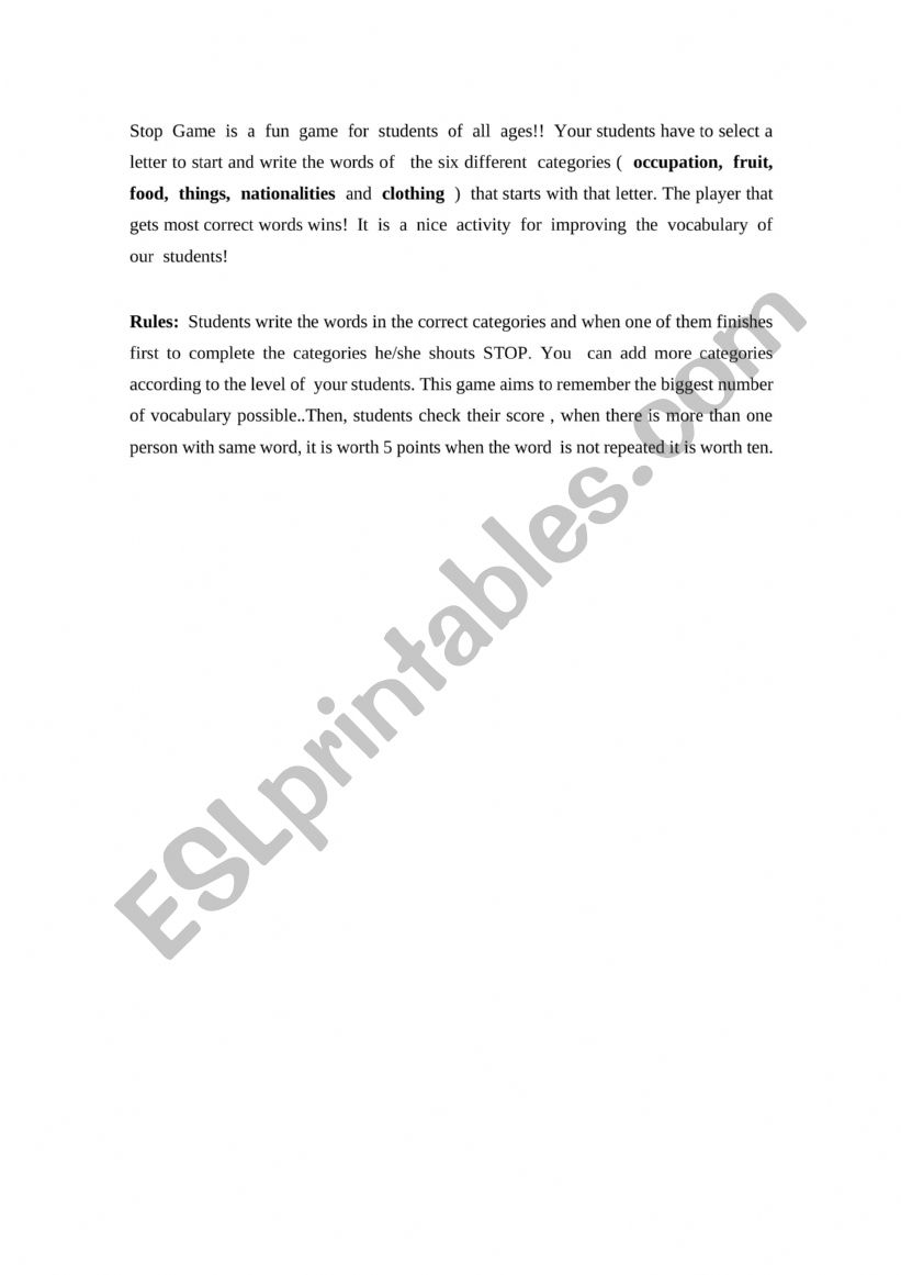 Stop Game worksheet