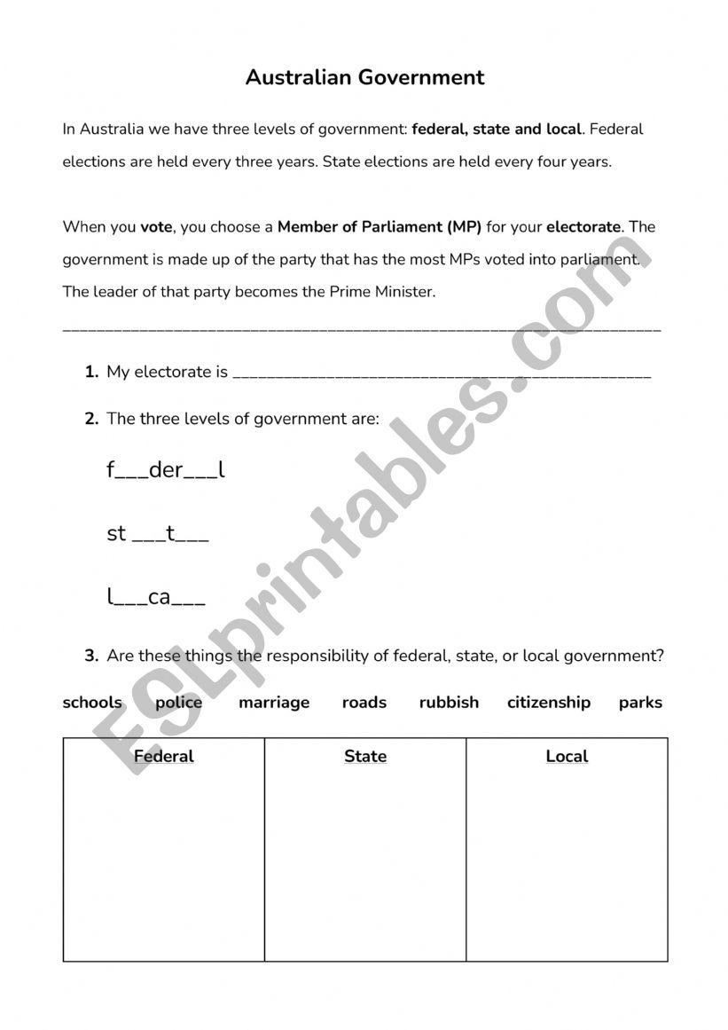 Australian Government Worksheet