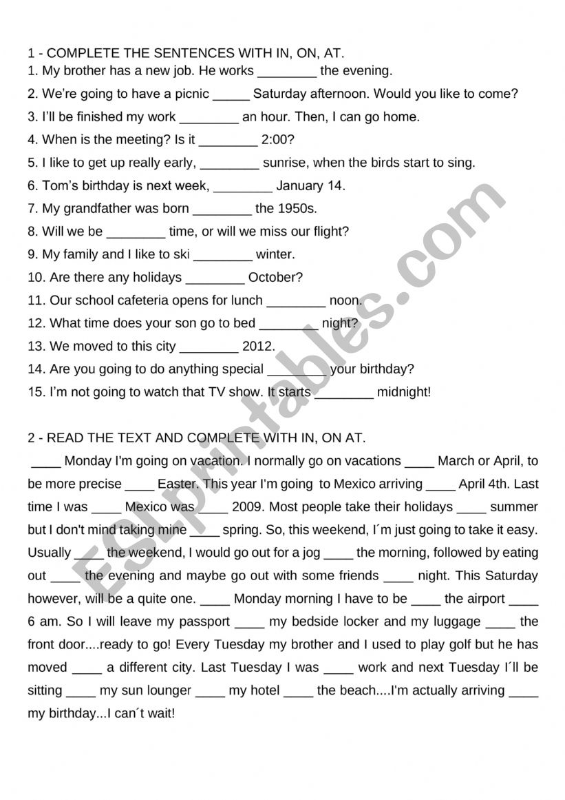 prepositions worksheet