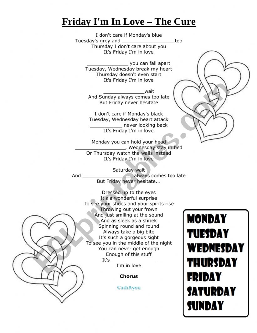 Friday I am in love worksheet