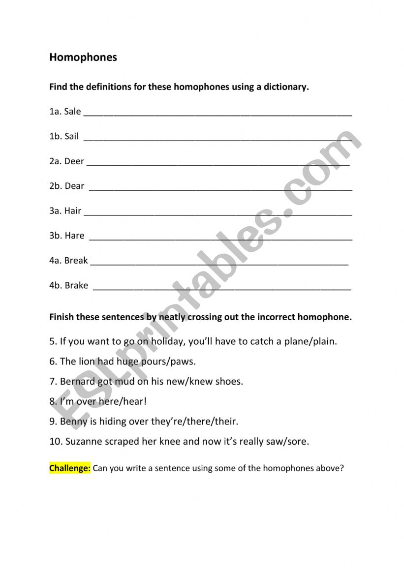 Homophones Worksheet worksheet