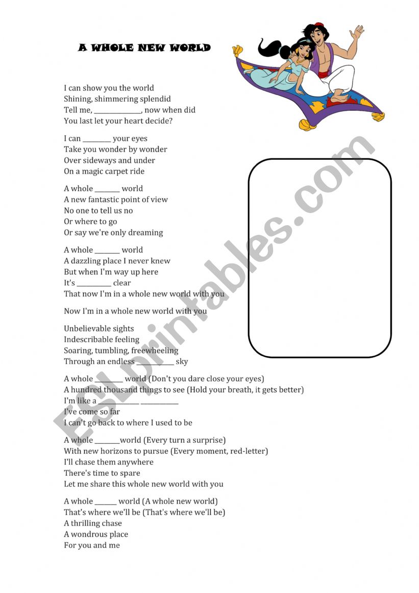 A whole new world Sing along adn fill in the blank ESL worksheet by